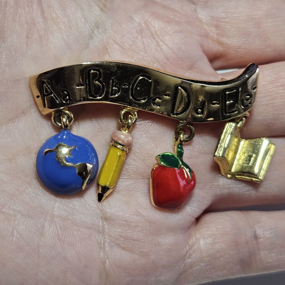 TC Tanya Creations Gold Tone School Colorful Dangling Charms Brooch